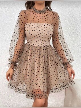 Sheer Nude Polka Heart Mini Dress with Ruffled Neck